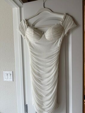 Windsor Cream Off-Shoulder Ruched Midi Dress